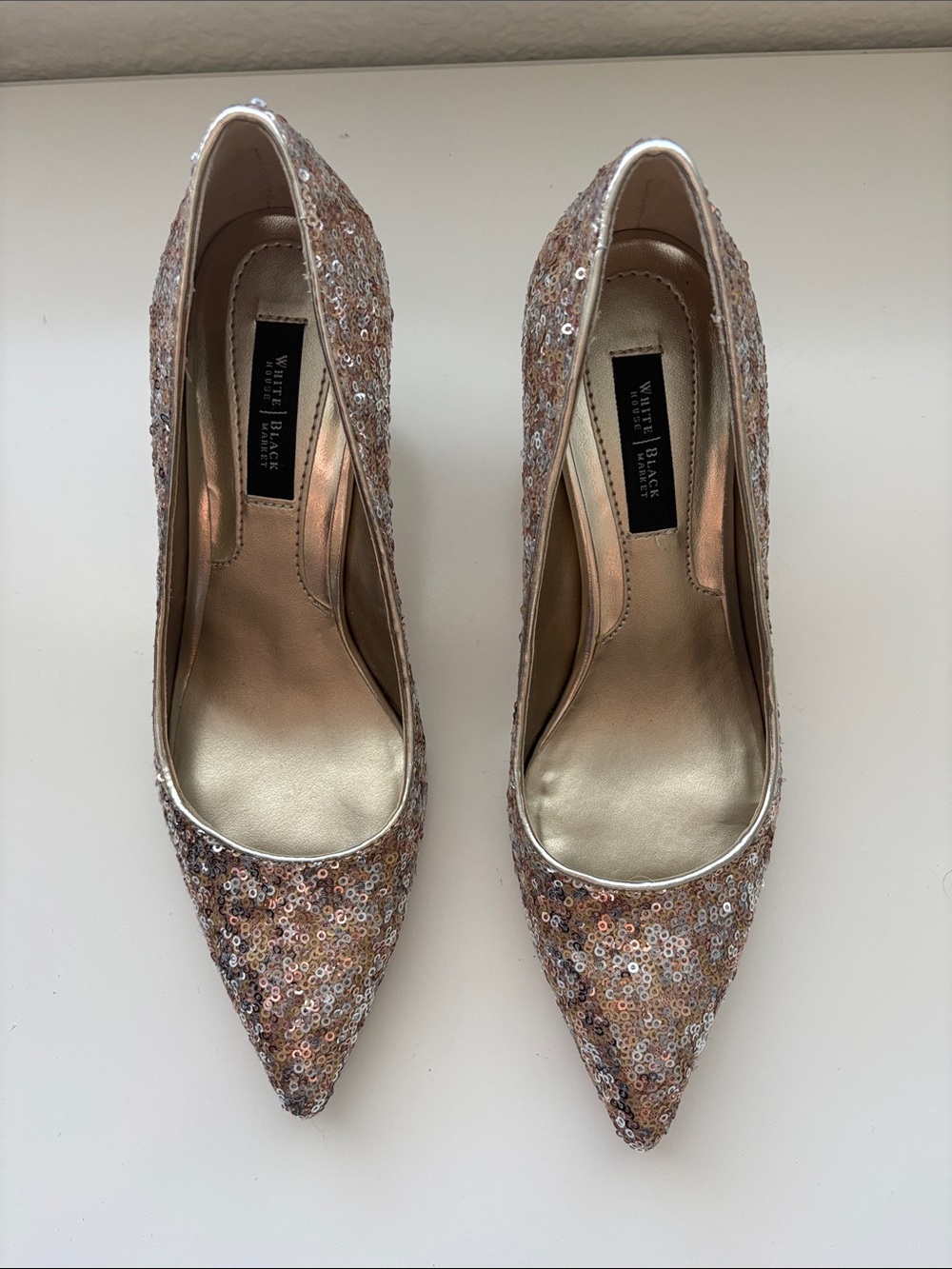White House Black Market Rose Gold Sequin Pointed Toe Pumps